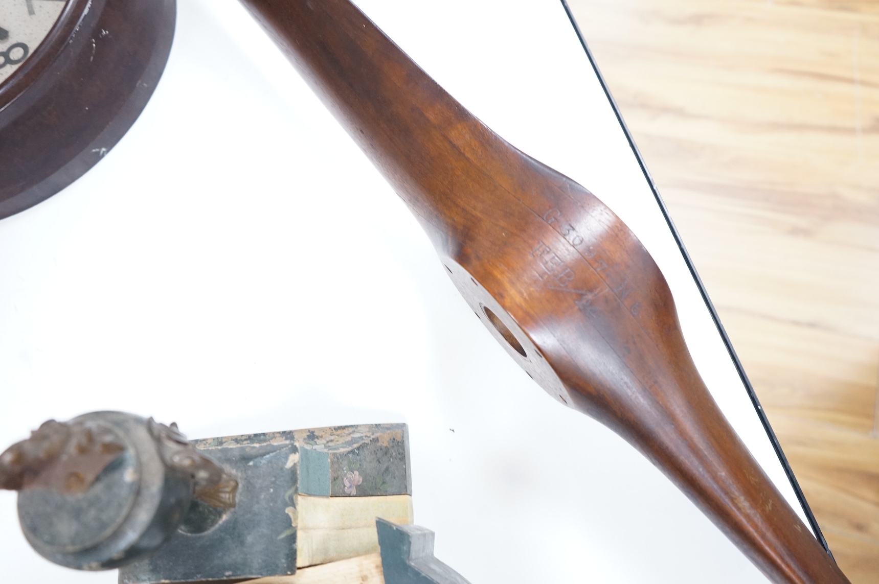 A small wooden German aeroplane propeller, with impressed numbers, 118cm in length